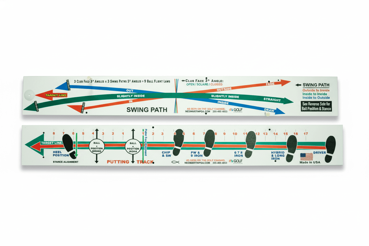 The Perfect Swing Path Board — Full-swing training board with three color-coded swing path arcs